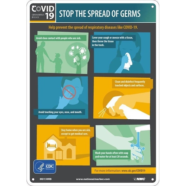 Nmc Safety Sign, STOP THE SPREAD OF GERMS, Pressure Sensitive Removable Vinyl 0045, 14 H x 10 W in M0139PBR - main